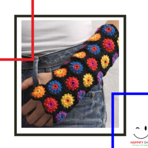 Flowered Hexagon Pattern Black Crochet Gloves for Girls